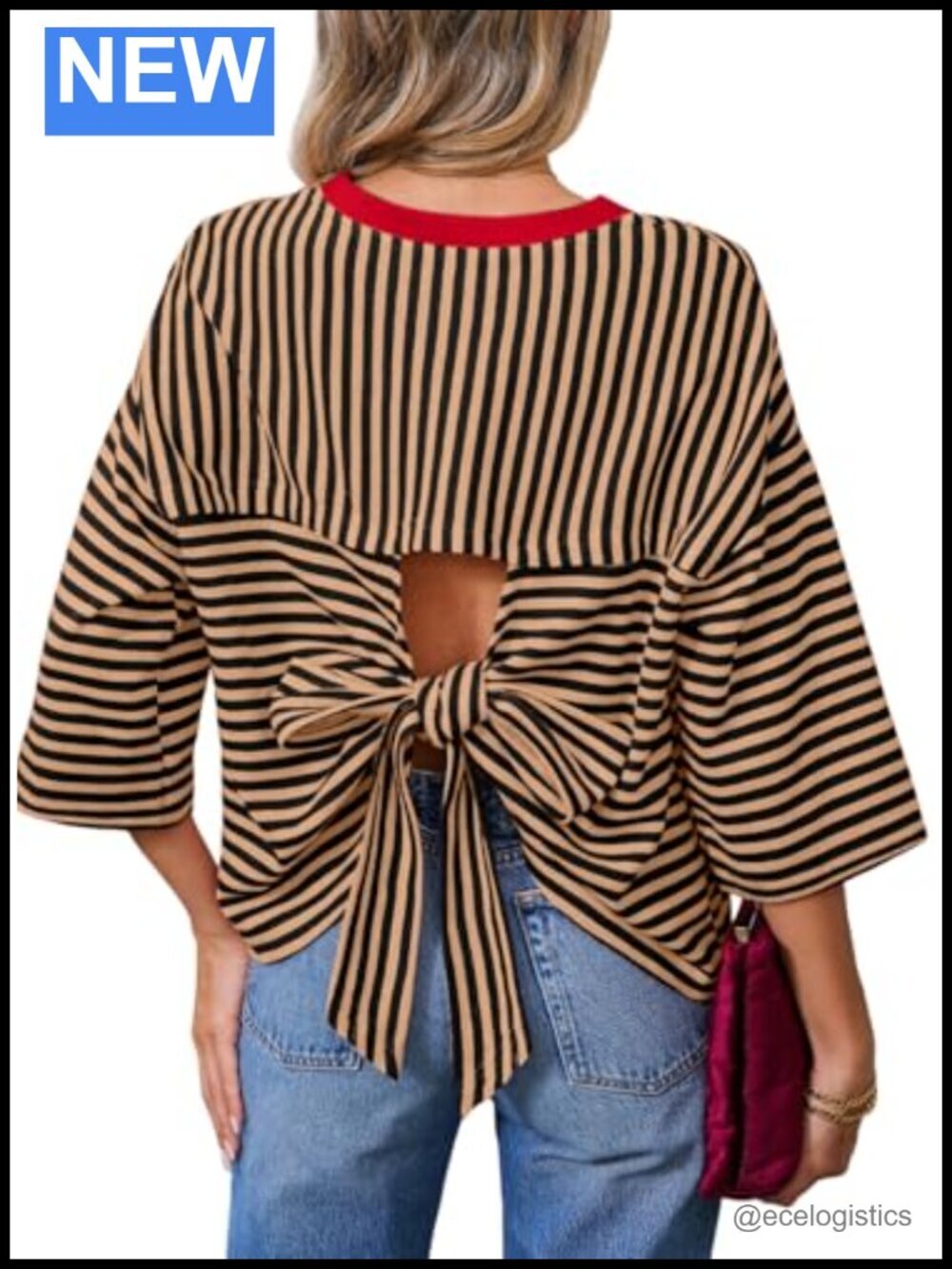 Women's Striped Tie Back Short Sleeve Tee - Oversized Casual Summer Top